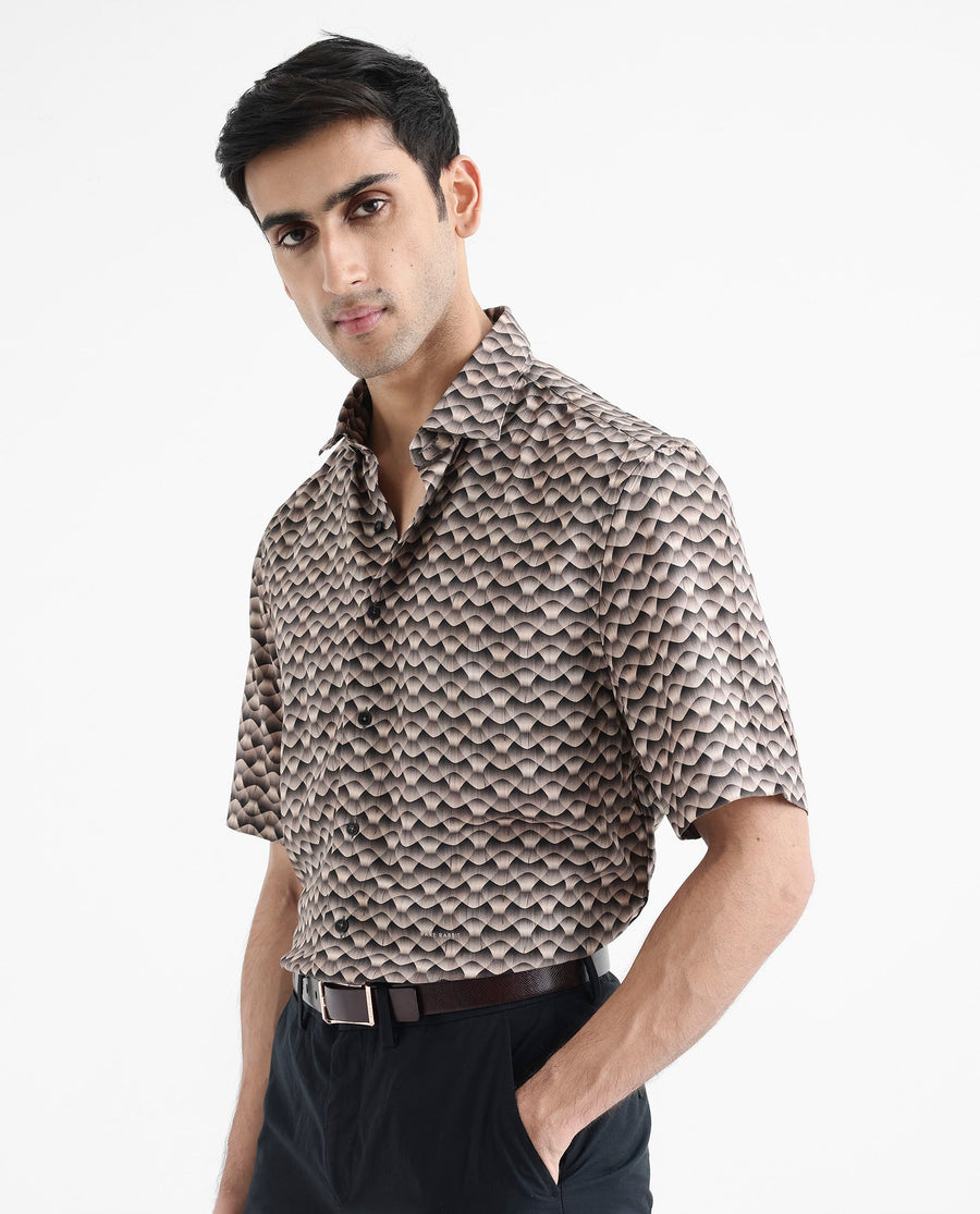 Rare Rabbit Men's Monar Ss Beige Viscose Geometric Print Boxy Fit Half Sleeve Collared Shirt