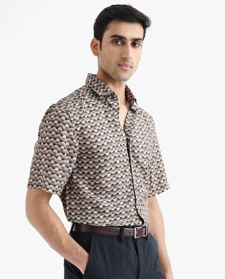 Rare Rabbit Men's Monar Ss Beige Viscose Geometric Print Boxy Fit Half Sleeve Collared Shirt