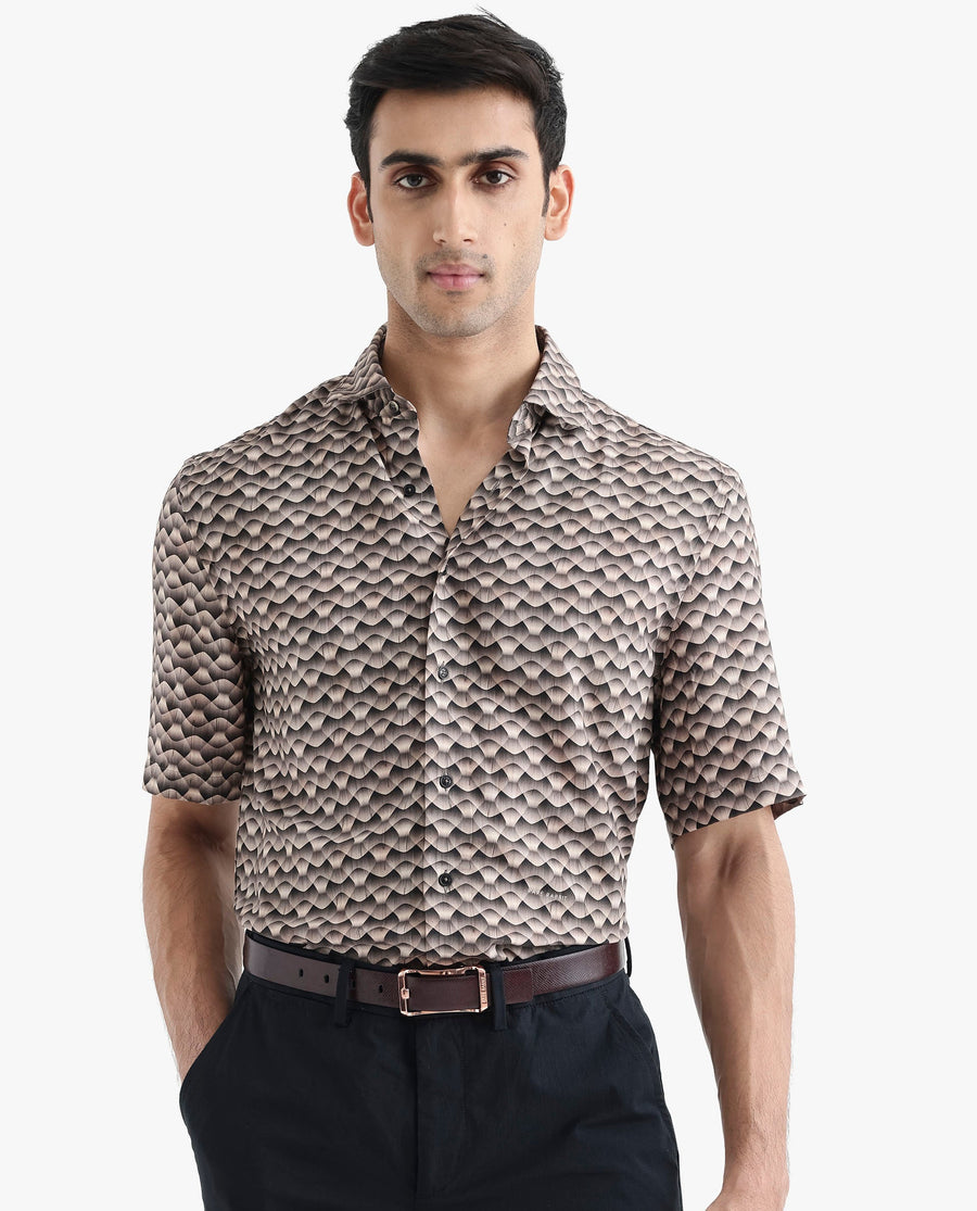 Rare Rabbit Men's Monar Ss Beige Viscose Geometric Print Boxy Fit Half Sleeve Collared Shirt
