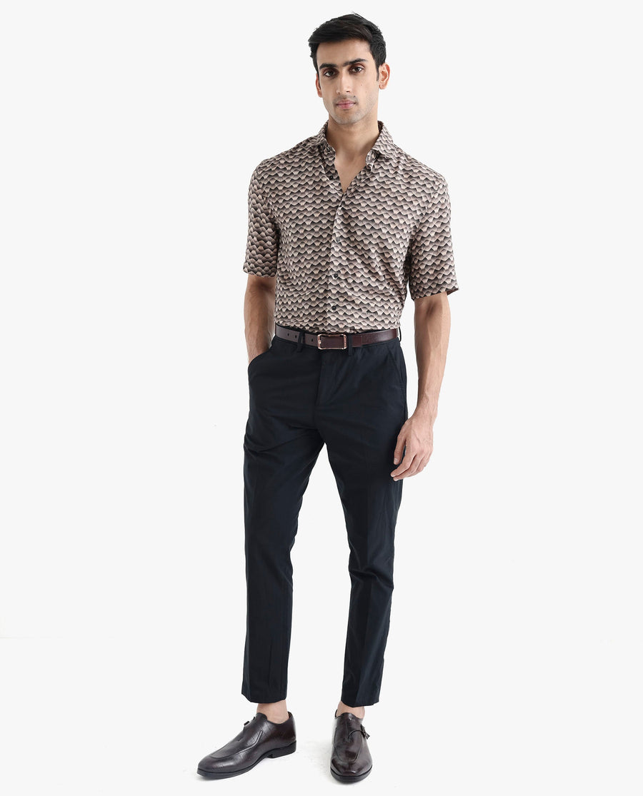 Rare Rabbit Men's Monar Ss Beige Viscose Geometric Print Boxy Fit Half Sleeve Collared Shirt