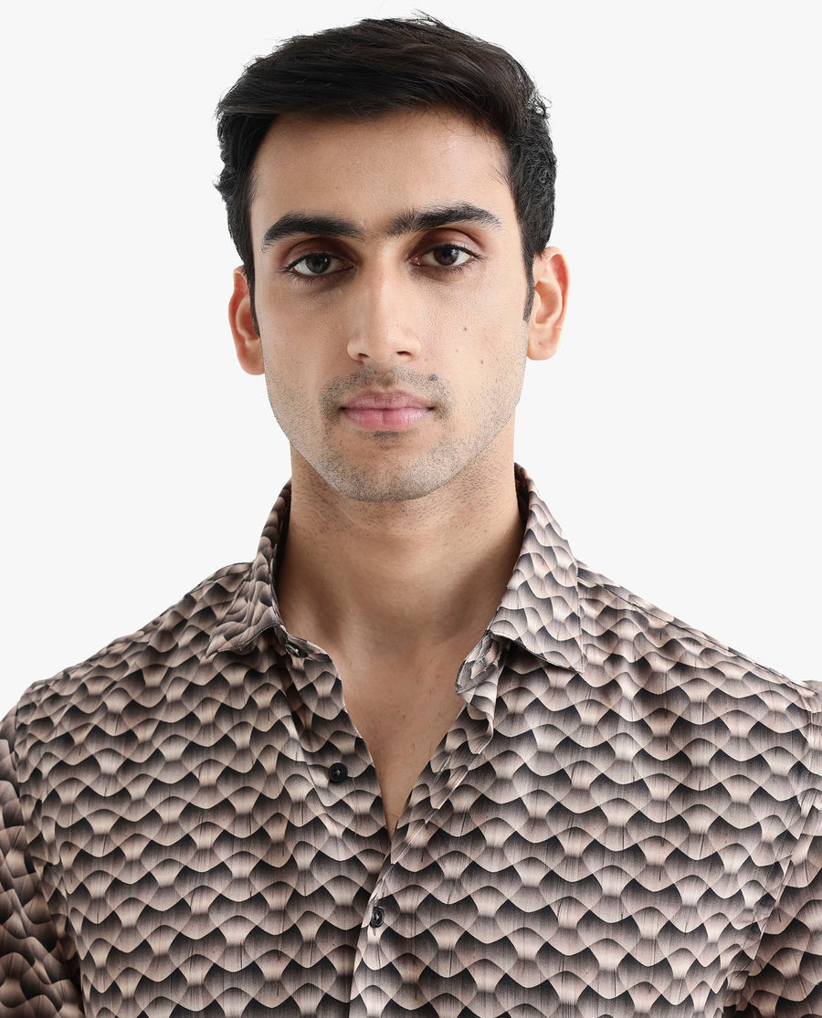 Rare Rabbit Men's Monar Ss Beige Viscose Geometric Print Boxy Fit Half Sleeve Collared Shirt