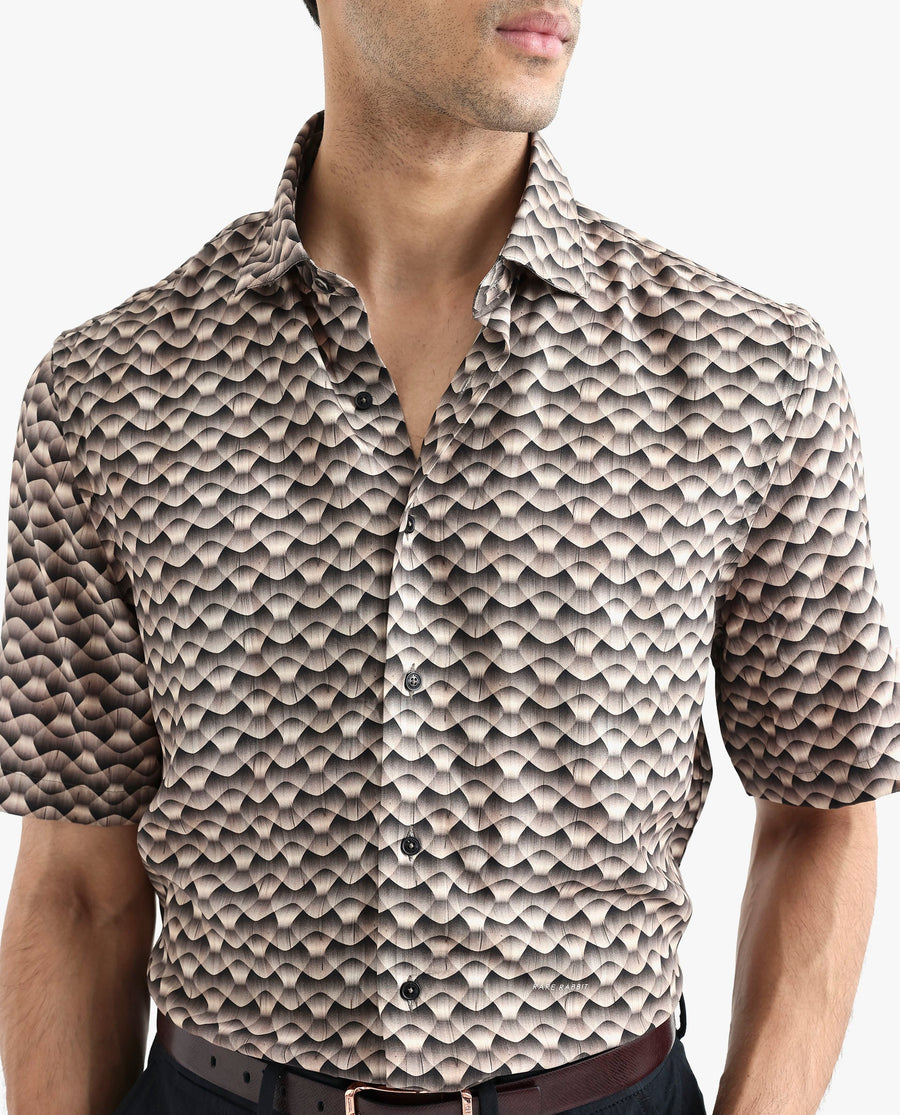 Rare Rabbit Men's Monar Ss Beige Viscose Geometric Print Boxy Fit Half Sleeve Collared Shirt