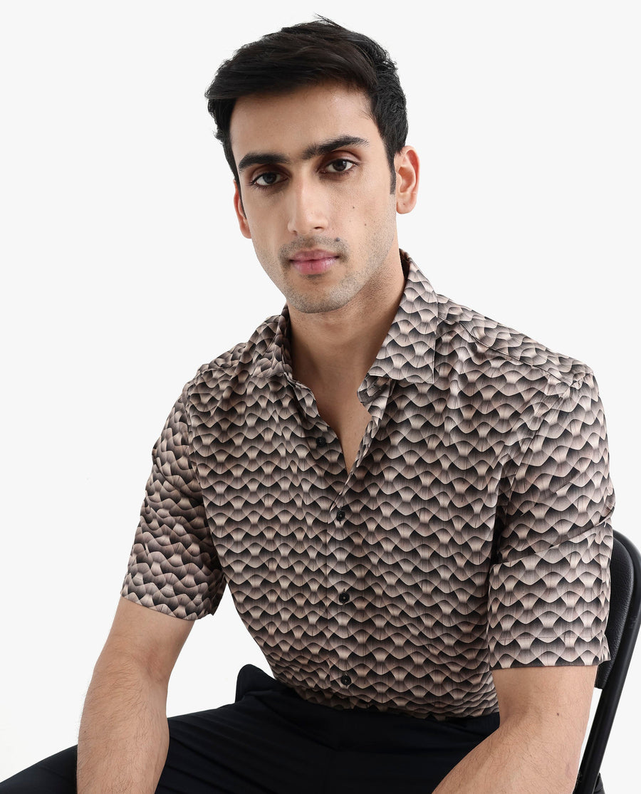 Rare Rabbit Men's Monar Ss Beige Viscose Geometric Print Boxy Fit Half Sleeve Collared Shirt