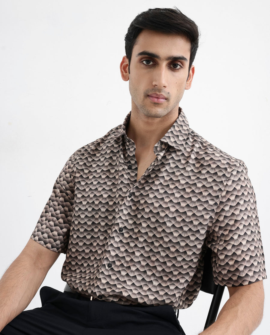 Rare Rabbit Men's Monar Ss Beige Viscose Geometric Print Boxy Fit Half Sleeve Collared Shirt