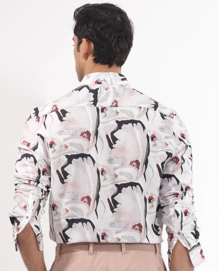 Rare Rabbit Men's Monch White Viscose Floral Print Regular Fit Full Sleeve Collared Shirt