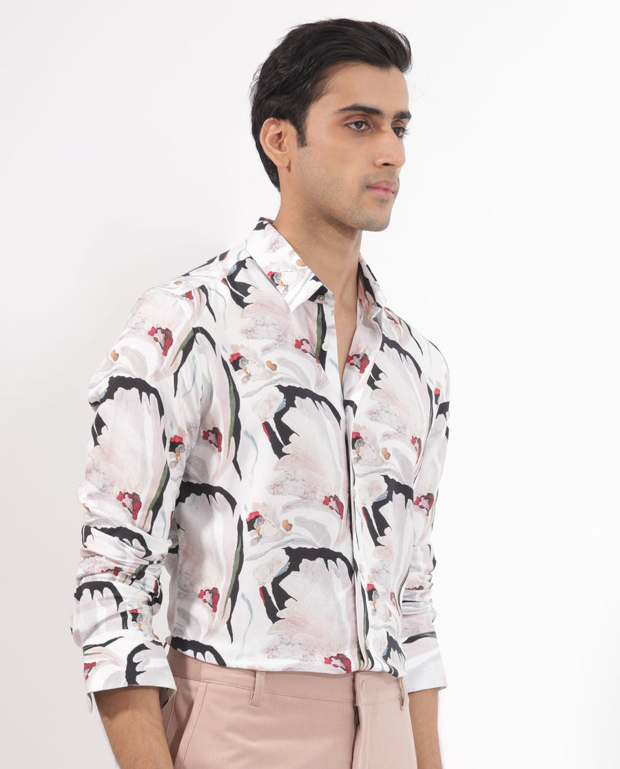 Rare Rabbit Men's Monch White Viscose Floral Print Regular Fit Full Sleeve Collared Shirt