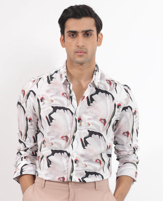 Rare Rabbit Men's Monch White Viscose Floral Print Regular Fit Full Sleeve Collared Shirt
