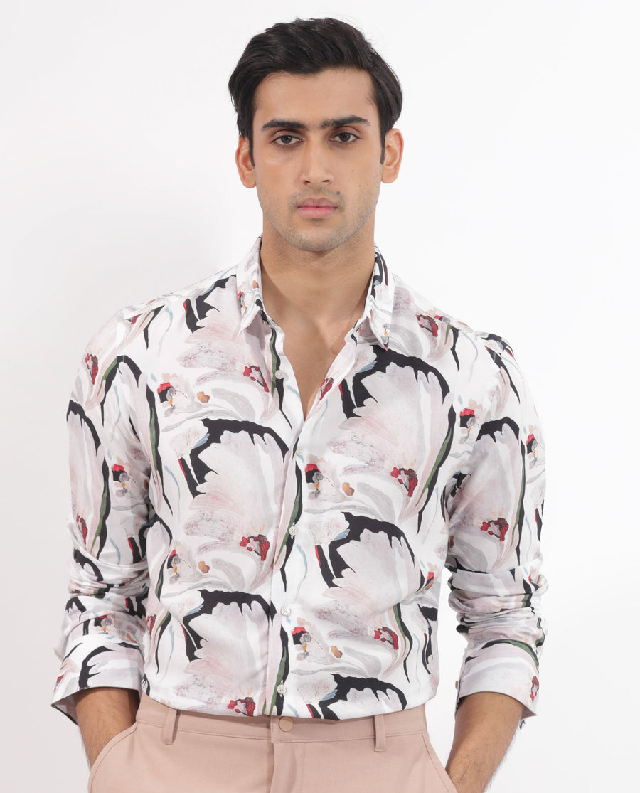 Rare Rabbit Men's Monch White Viscose Floral Print Regular Fit Full Sleeve Collared Shirt
