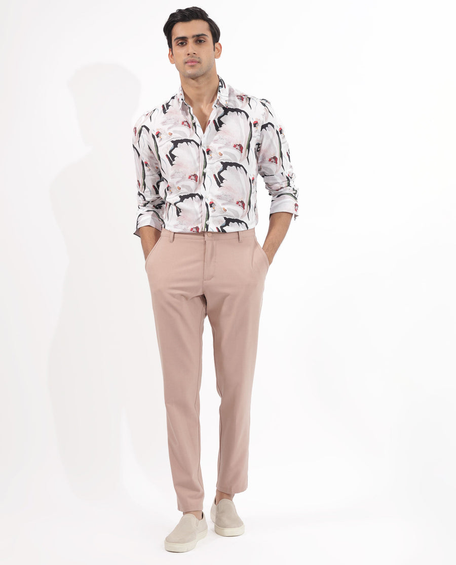 Rare Rabbit Men's Monch White Viscose Floral Print Regular Fit Full Sleeve Collared Shirt