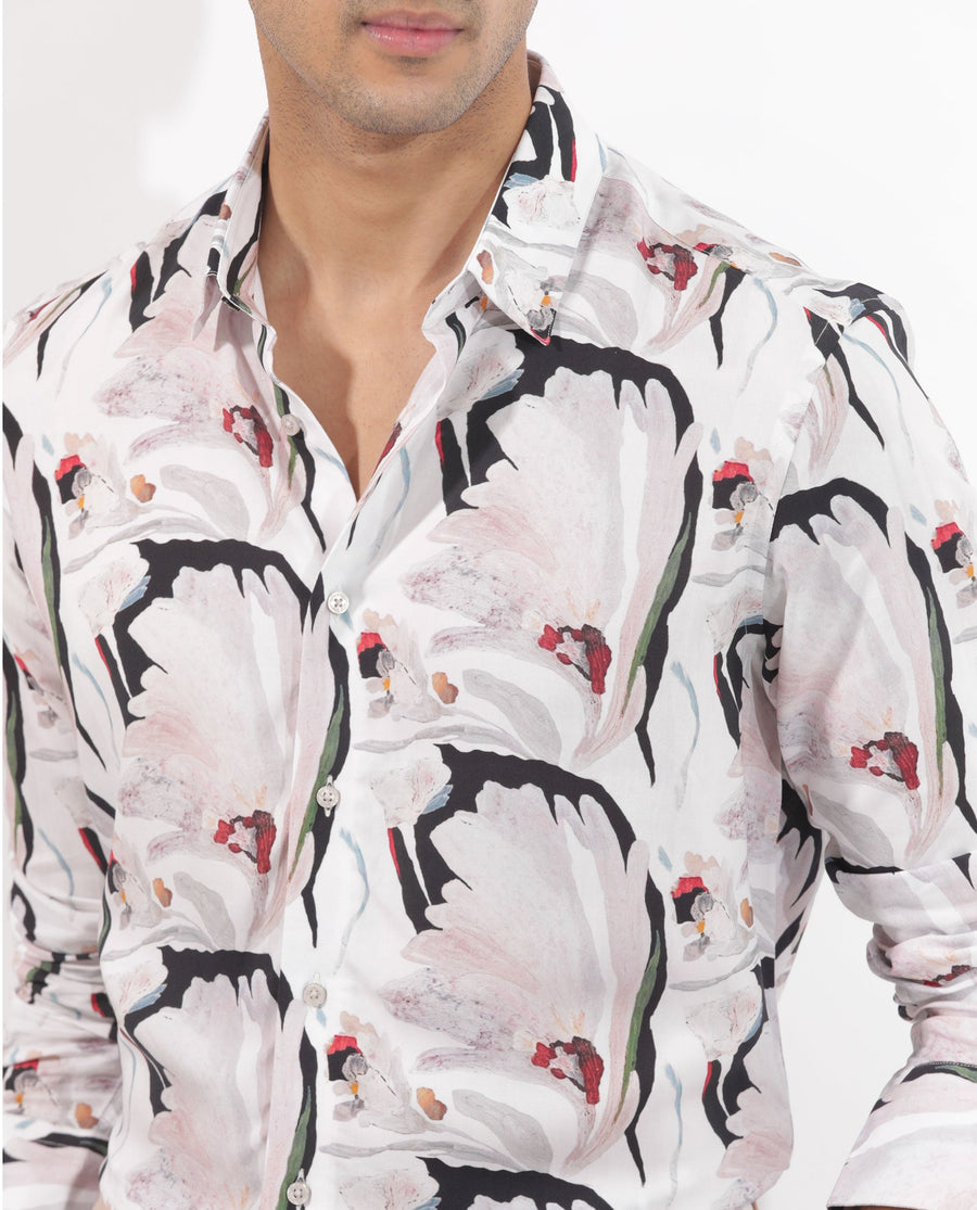 Rare Rabbit Men's Monch White Viscose Floral Print Regular Fit Full Sleeve Collared Shirt