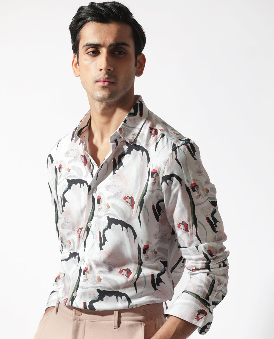 Rare Rabbit Men's Monch White Viscose Floral Print Regular Fit Full Sleeve Collared Shirt