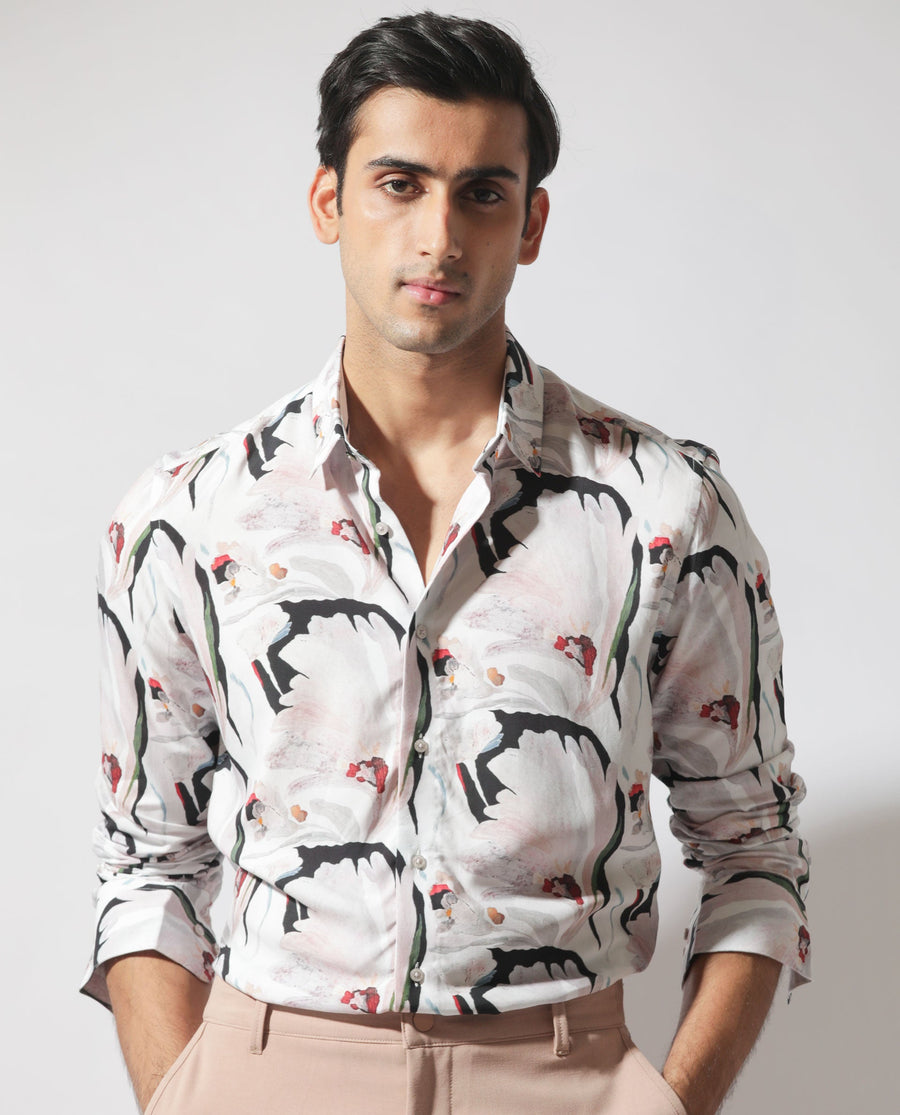 Rare Rabbit Men's Monch White Viscose Floral Print Regular Fit Full Sleeve Collared Shirt
