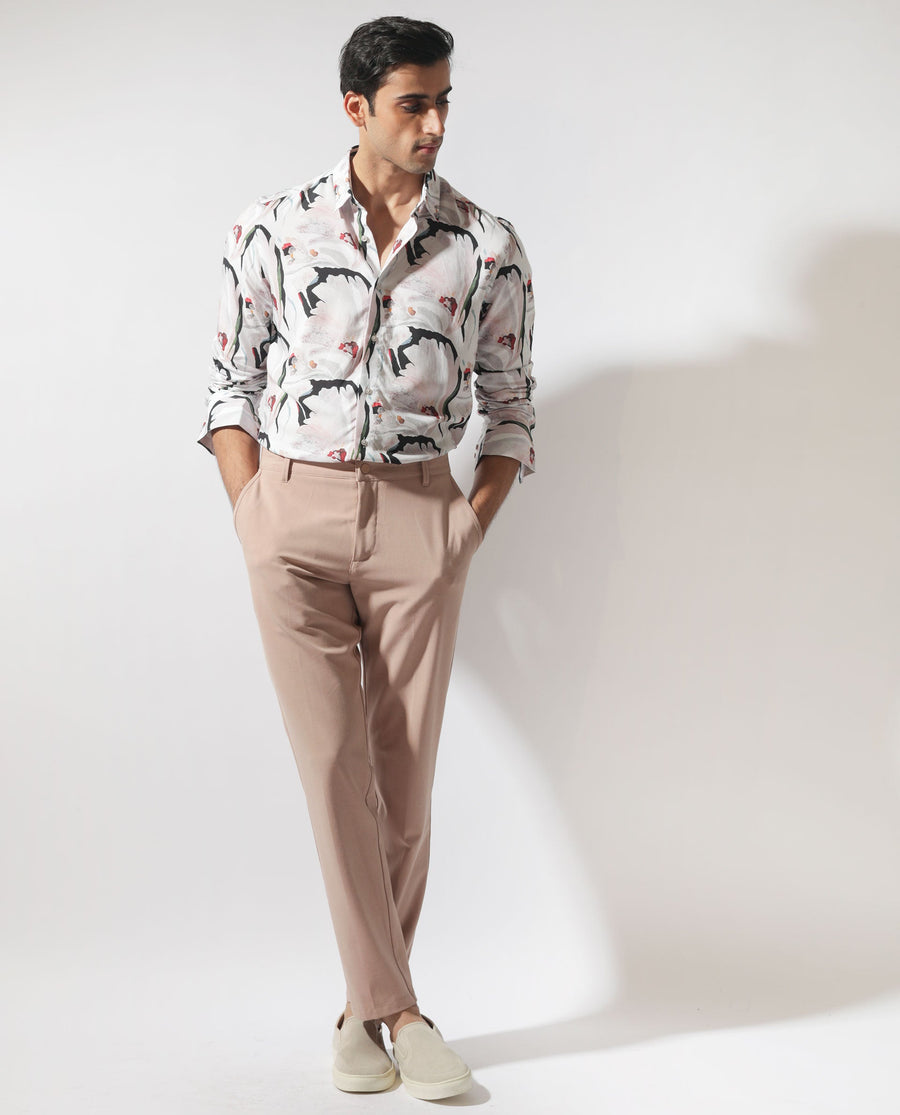 Rare Rabbit Men's Monch White Viscose Floral Print Regular Fit Full Sleeve Collared Shirt