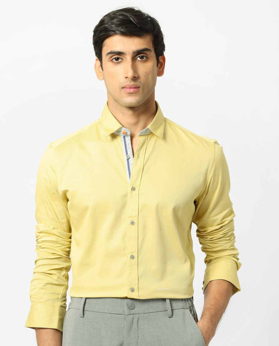 Rare Rabbit Men's Mond Yellow Cotton Plain Regular Fit Full Sleeve Collared Shirt