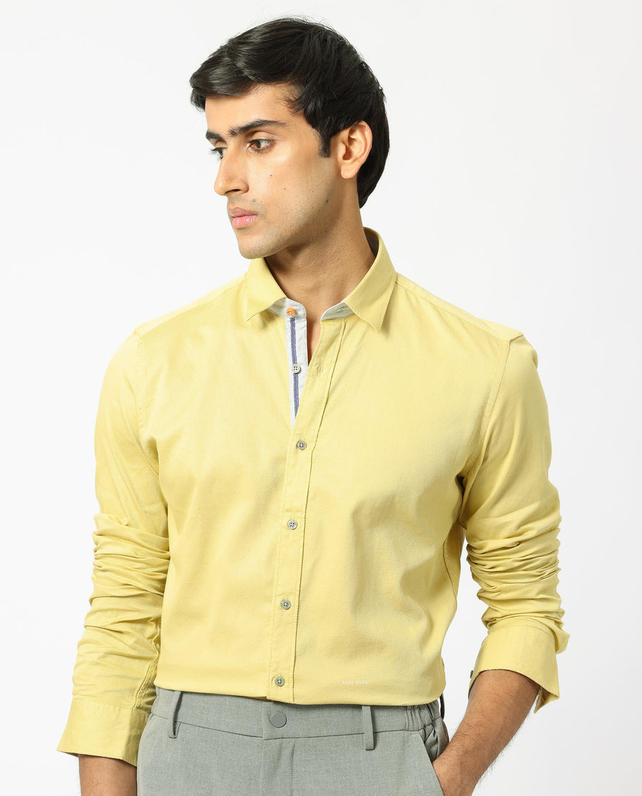 Rare Rabbit Men's Mond Yellow Cotton Plain Regular Fit Full Sleeve Collared Shirt