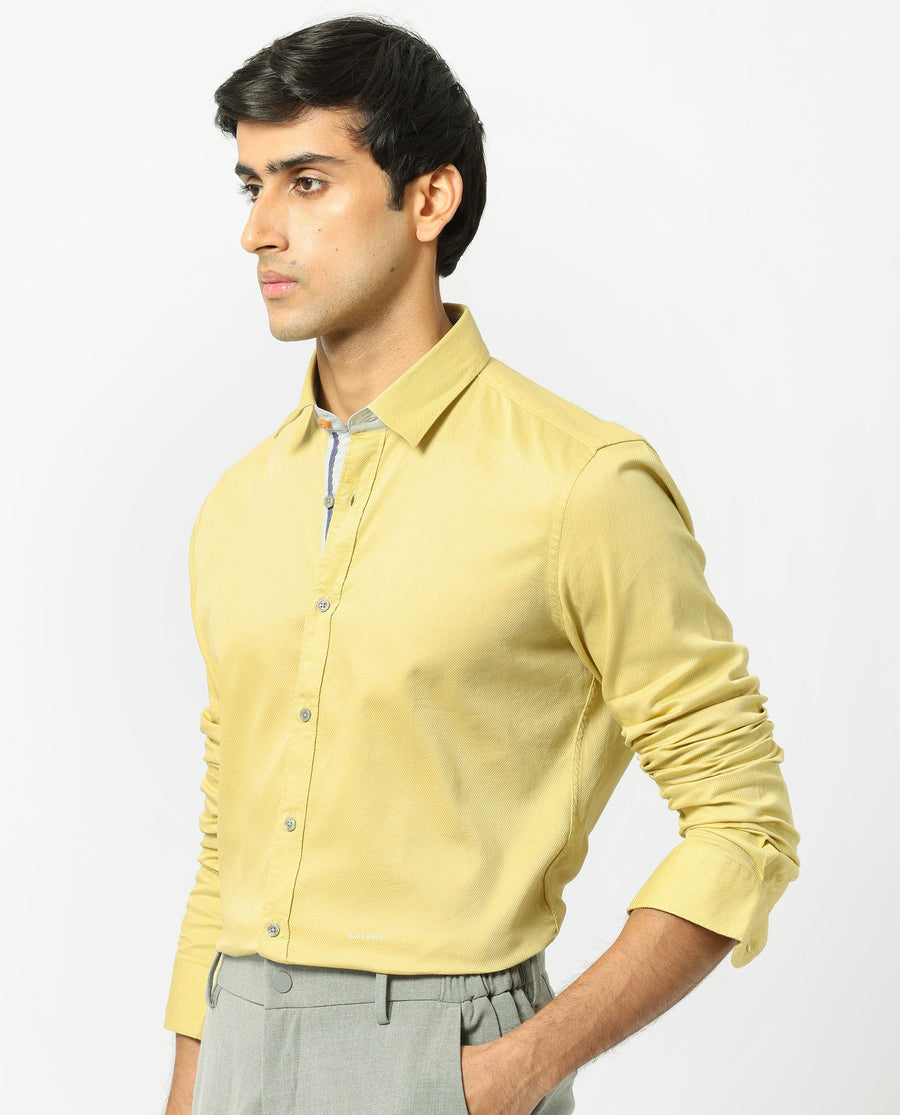 Rare Rabbit Men's Mond Yellow Cotton Plain Regular Fit Full Sleeve Collared Shirt