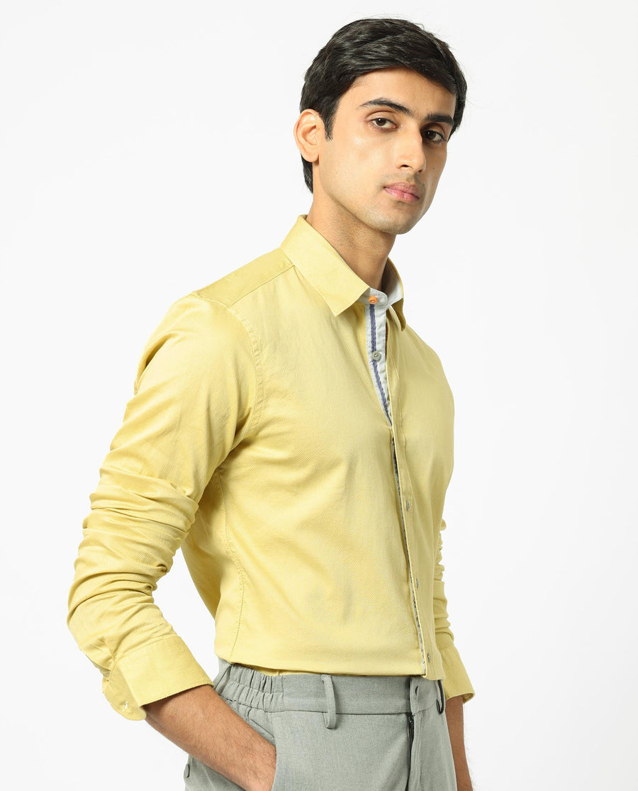 Rare Rabbit Men's Mond Yellow Cotton Plain Regular Fit Full Sleeve Collared Shirt