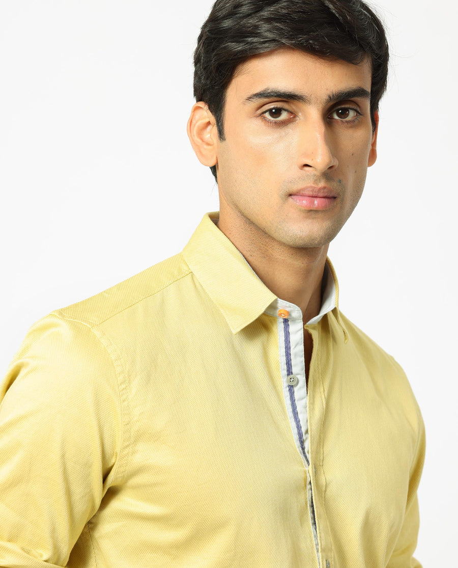 Rare Rabbit Men's Mond Yellow Cotton Plain Regular Fit Full Sleeve Collared Shirt