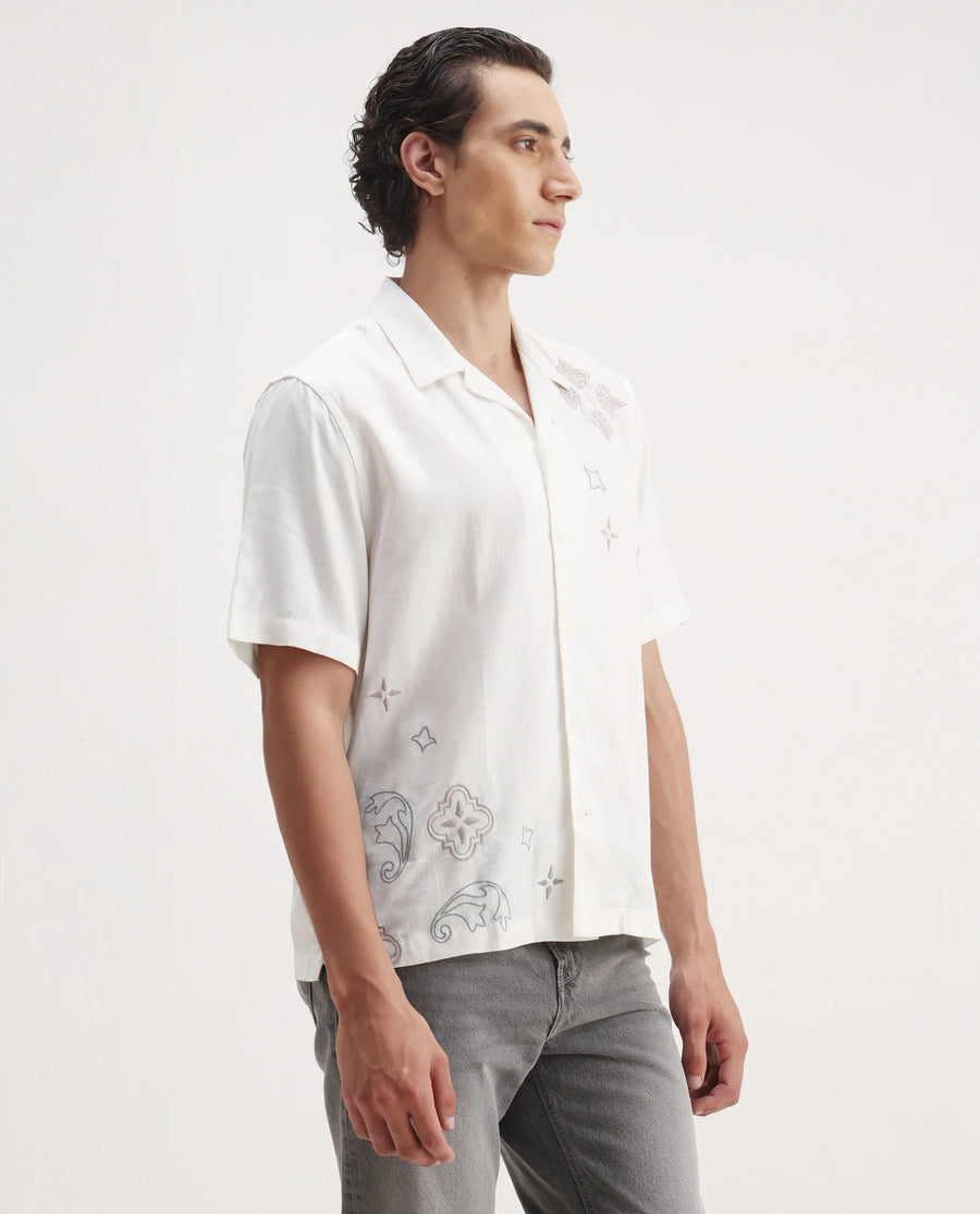 Rare Rabbit Men's Monobo White Linen Blend Embroidered Boxy Fit Half Sleeve Cuban Collar Shirt