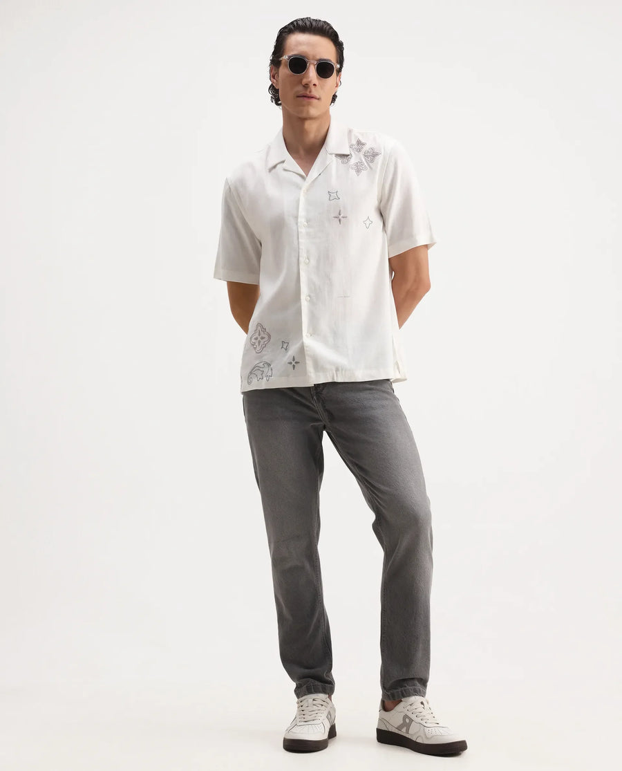 Rare Rabbit Men's Monobo White Linen Blend Embroidered Boxy Fit Half Sleeve Cuban Collar Shirt
