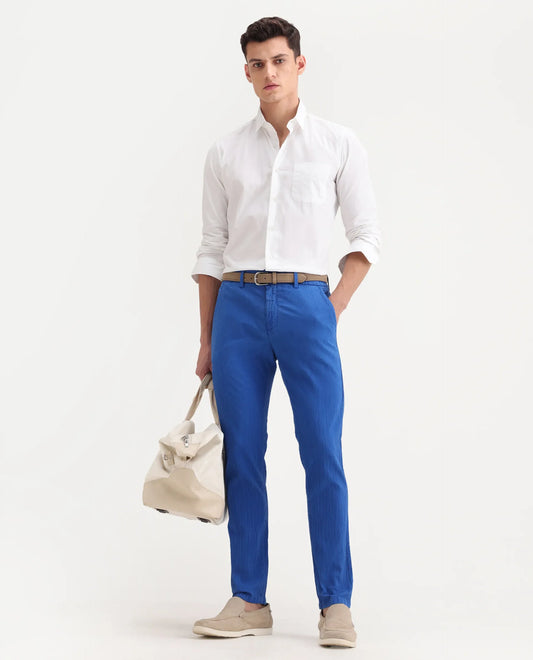 Rare Rabbit Men's Monter Fluorescent Blue Cotton Striped Print Regular Fit Trouser