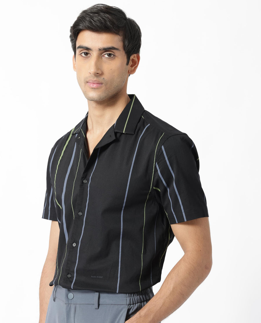 Rare Rabbit Men's Morlac Black Cotton Striped Print Regular Fit Half Sleeve Cuban Collar Shirt