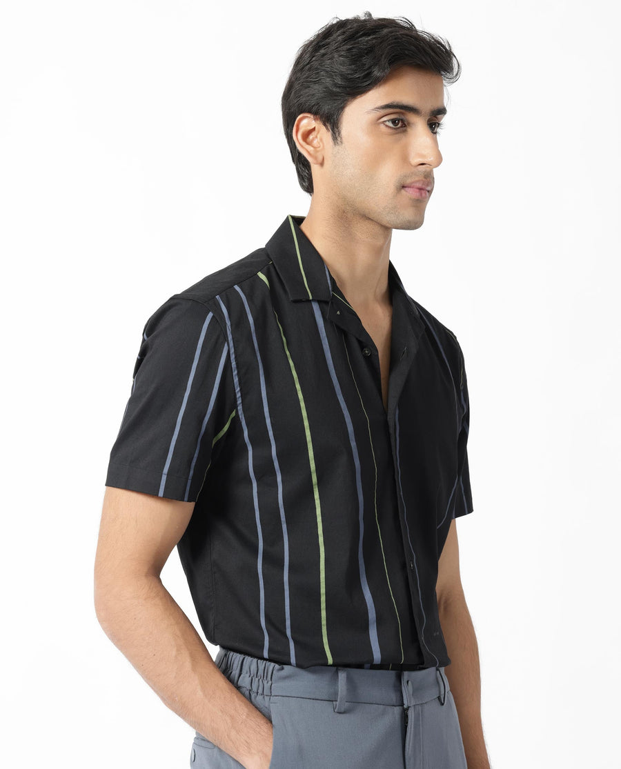 Rare Rabbit Men's Morlac Black Cotton Striped Print Regular Fit Half Sleeve Cuban Collar Shirt
