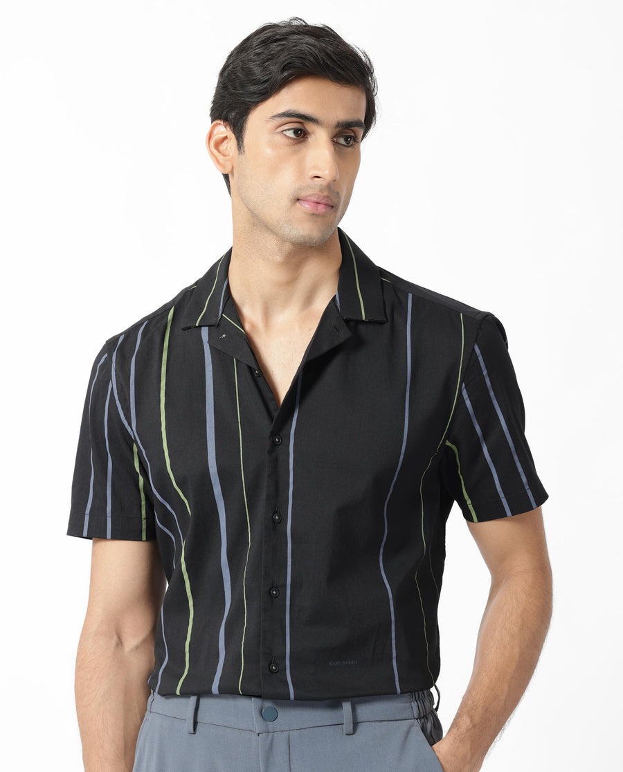 Rare Rabbit Men's Morlac Black Cotton Striped Print Regular Fit Half Sleeve Cuban Collar Shirt