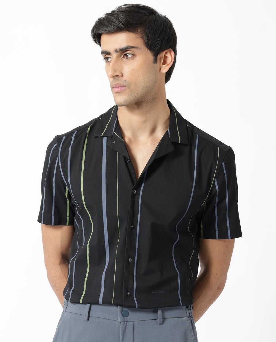 Rare Rabbit Men's Morlac Black Cotton Striped Print Regular Fit Half Sleeve Cuban Collar Shirt