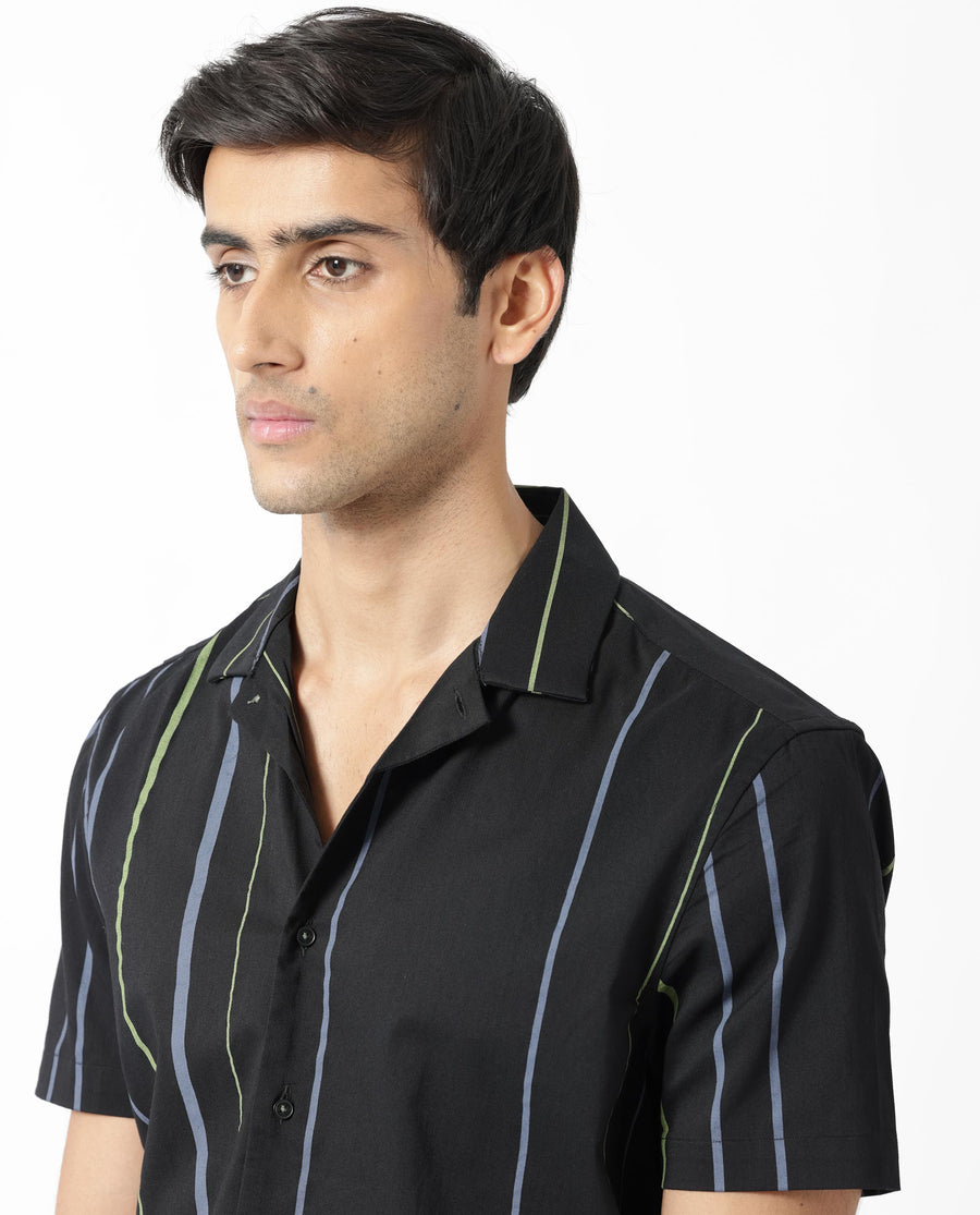 Rare Rabbit Men's Morlac Black Cotton Striped Print Regular Fit Half Sleeve Cuban Collar Shirt
