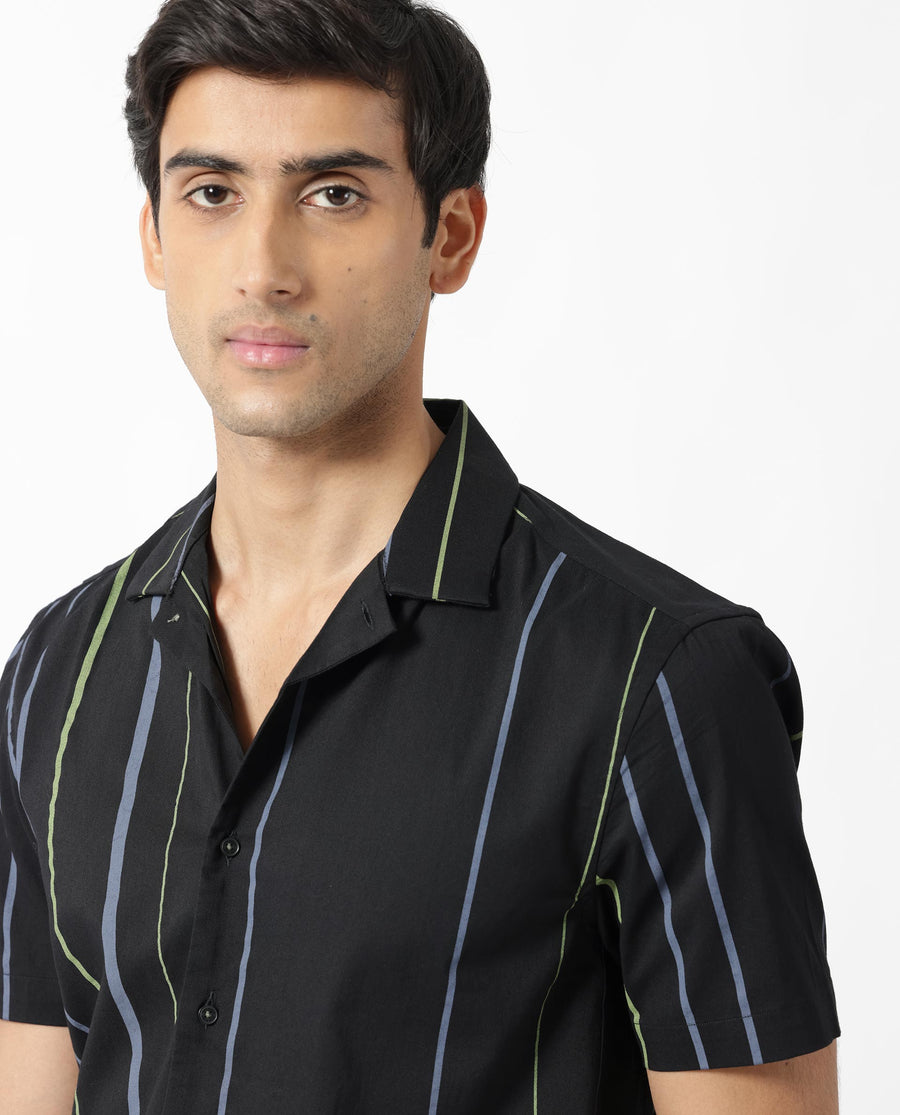 Rare Rabbit Men's Morlac Black Cotton Striped Print Regular Fit Half Sleeve Cuban Collar Shirt