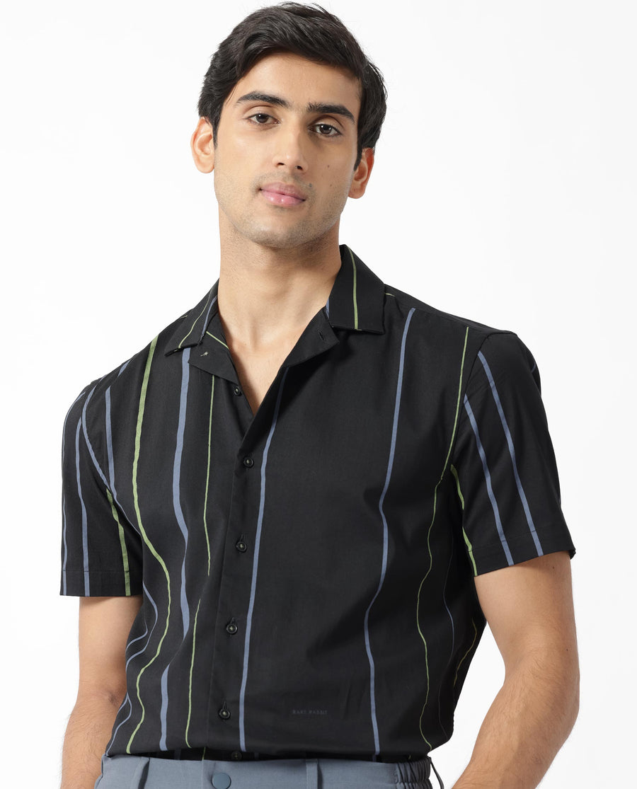 Rare Rabbit Men's Morlac Black Cotton Striped Print Regular Fit Half Sleeve Cuban Collar Shirt