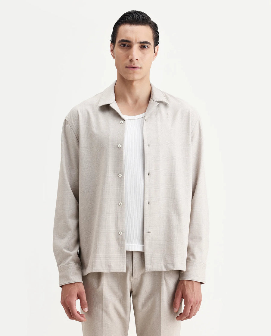 Rare Rabbit Men's Morst-T Beige Polyester Blend Checked Print Regular Fit Full Sleeve Cuban Collar Shirt