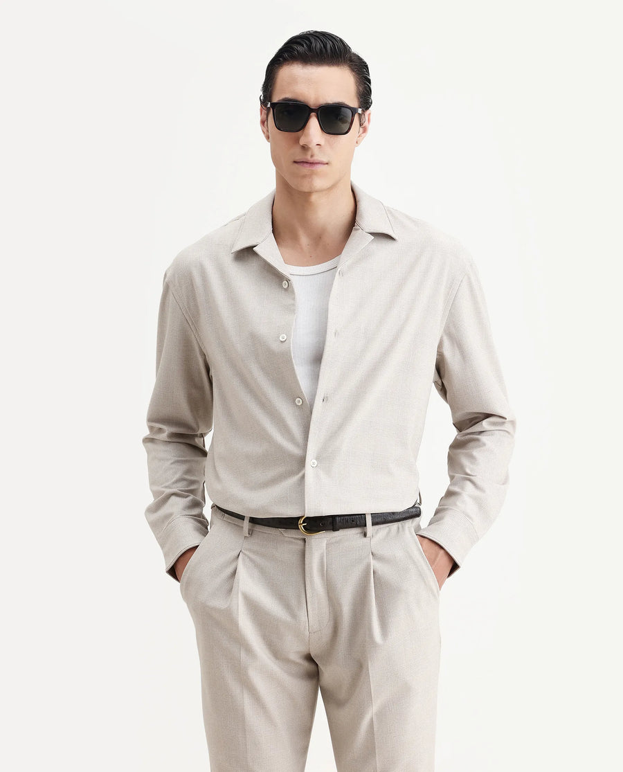 Rare Rabbit Men's Morst-T Beige Polyester Blend Checked Print Regular Fit Full Sleeve Cuban Collar Shirt