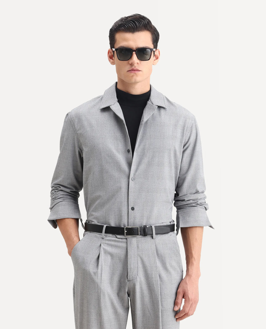 Rare Rabbit Men's Morst-T Dark Grey Polyester Blend Checked Print Regular Fit Full Sleeve Cuban Collar Shirt