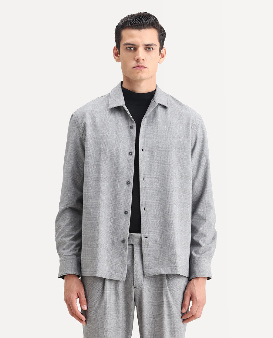 Rare Rabbit Men's Morst-T Dark Grey Polyester Blend Checked Print Regular Fit Full Sleeve Cuban Collar Shirt