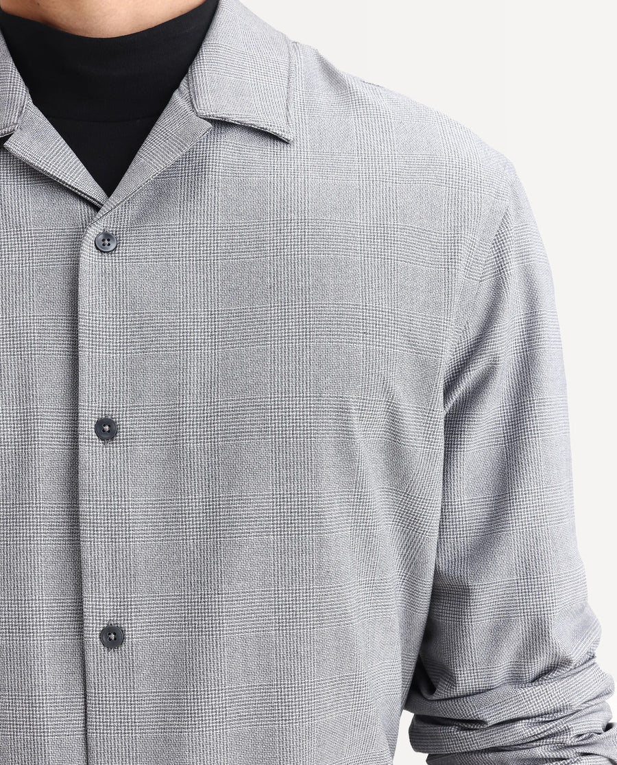 Rare Rabbit Men's Morst-T Dark Grey Polyester Blend Checked Print Regular Fit Full Sleeve Cuban Collar Shirt