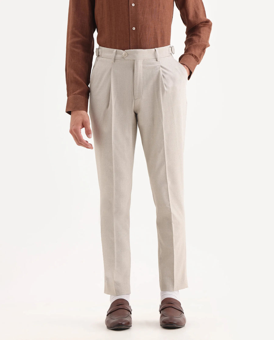 Rare Rabbit Men's Morst Beige Polyester Blend Checked Print Relaxed Fit Trouser