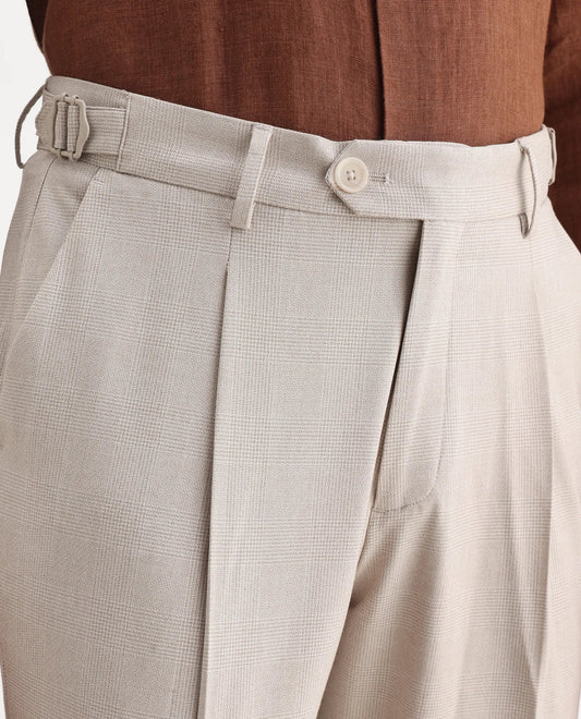 Rare Rabbit Men's Morst Beige Polyester Blend Checked Print Relaxed Fit Trouser