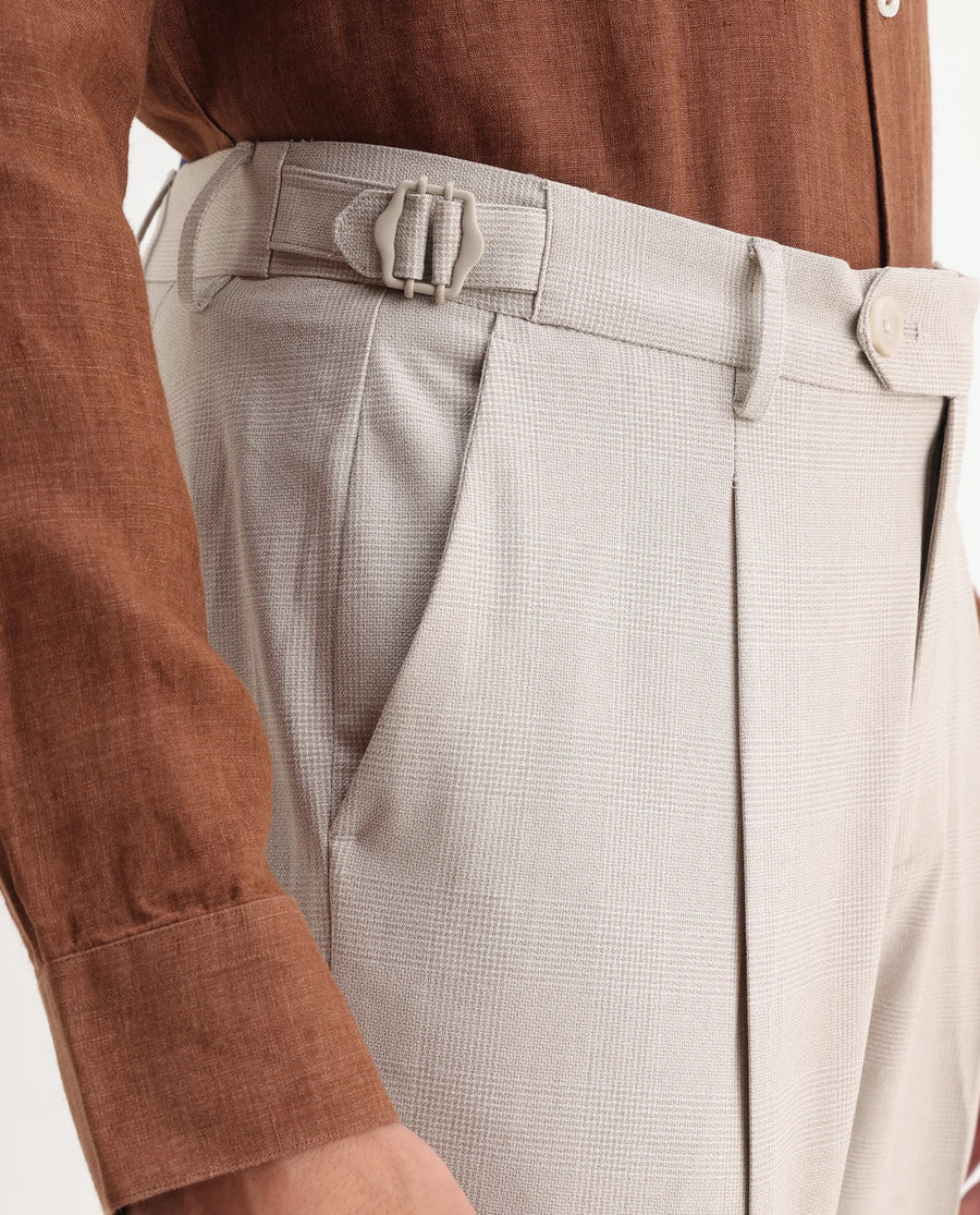 Rare Rabbit Men's Morst Beige Polyester Blend Checked Print Relaxed Fit Trouser