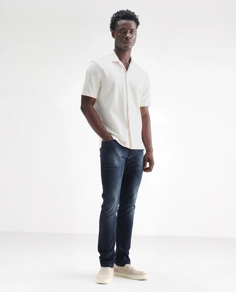 Rare Rabbit Men's Morvan Dark Blue Cotton Plain Hawk Slim Fit Jeans