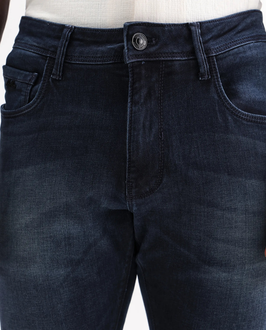 Rare Rabbit Men's Morvan Dark Blue Cotton Plain Hawk Slim Fit Jeans