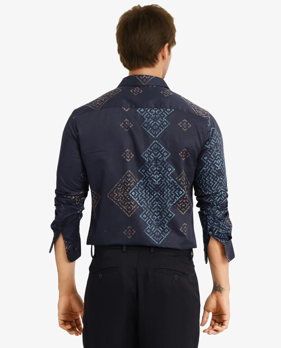 Rare Rabbit Men's Mosac-1 Black Cotton Geometric Print Regular Fit Full Sleeve Collared Shirt