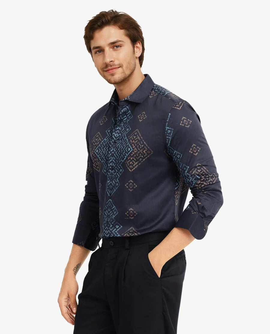 Rare Rabbit Men's Mosac-1 Black Cotton Geometric Print Regular Fit Full Sleeve Collared Shirt