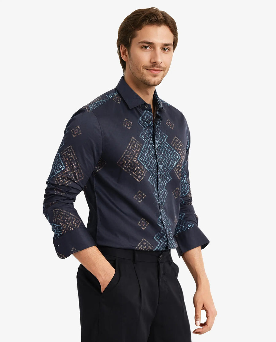 Rare Rabbit Men's Mosac-1 Black Cotton Geometric Print Regular Fit Full Sleeve Collared Shirt
