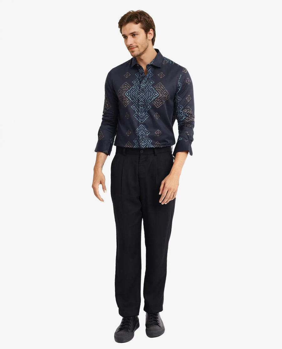 Rare Rabbit Men's Mosac-1 Black Cotton Geometric Print Regular Fit Full Sleeve Collared Shirt