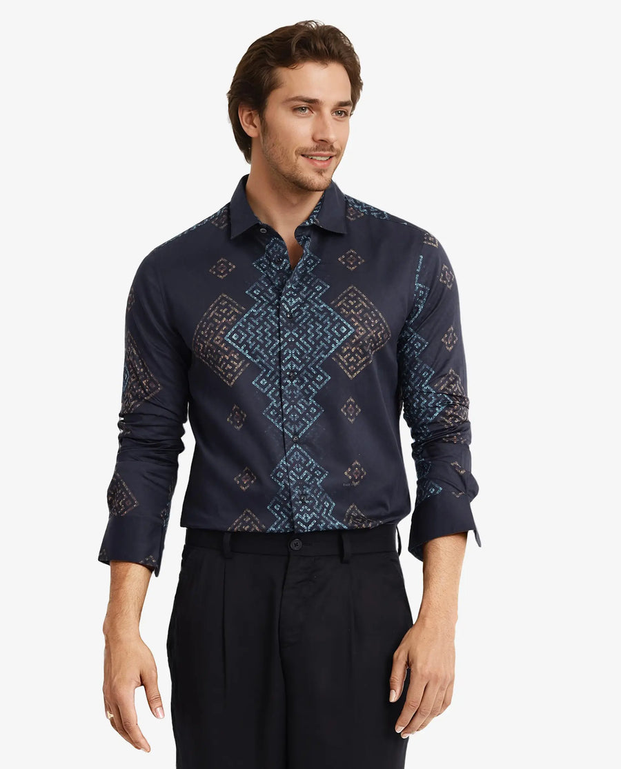 Rare Rabbit Men's Mosac-1 Black Cotton Geometric Print Regular Fit Full Sleeve Collared Shirt