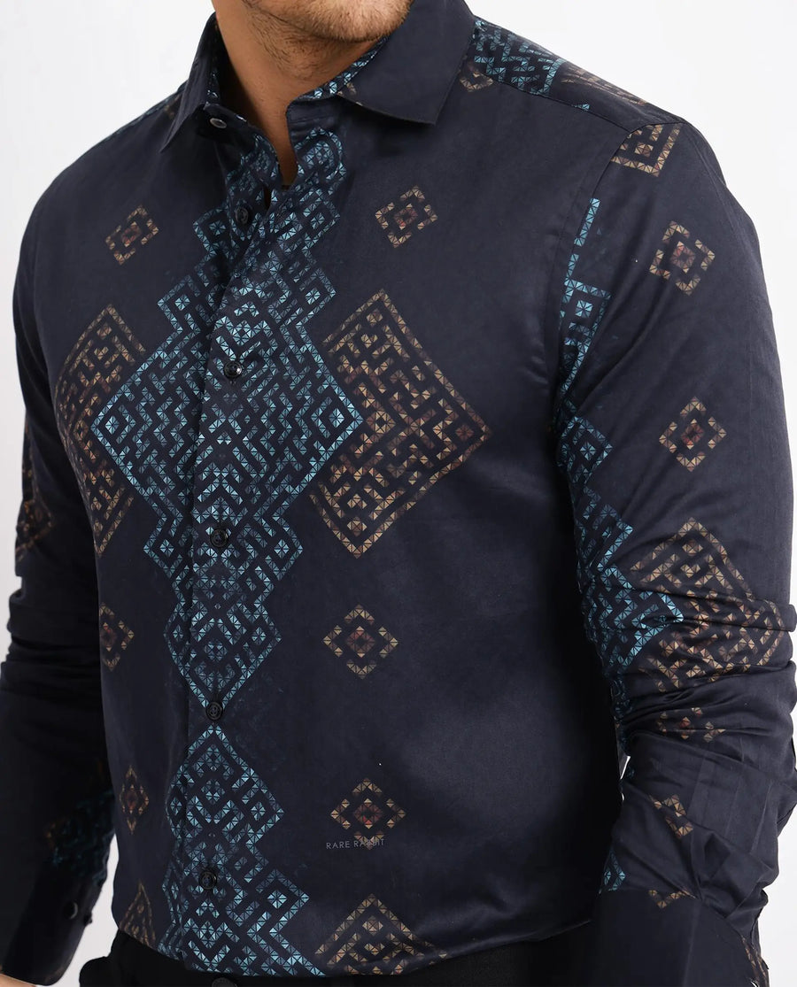 Rare Rabbit Men's Mosac-1 Black Cotton Geometric Print Regular Fit Full Sleeve Collared Shirt