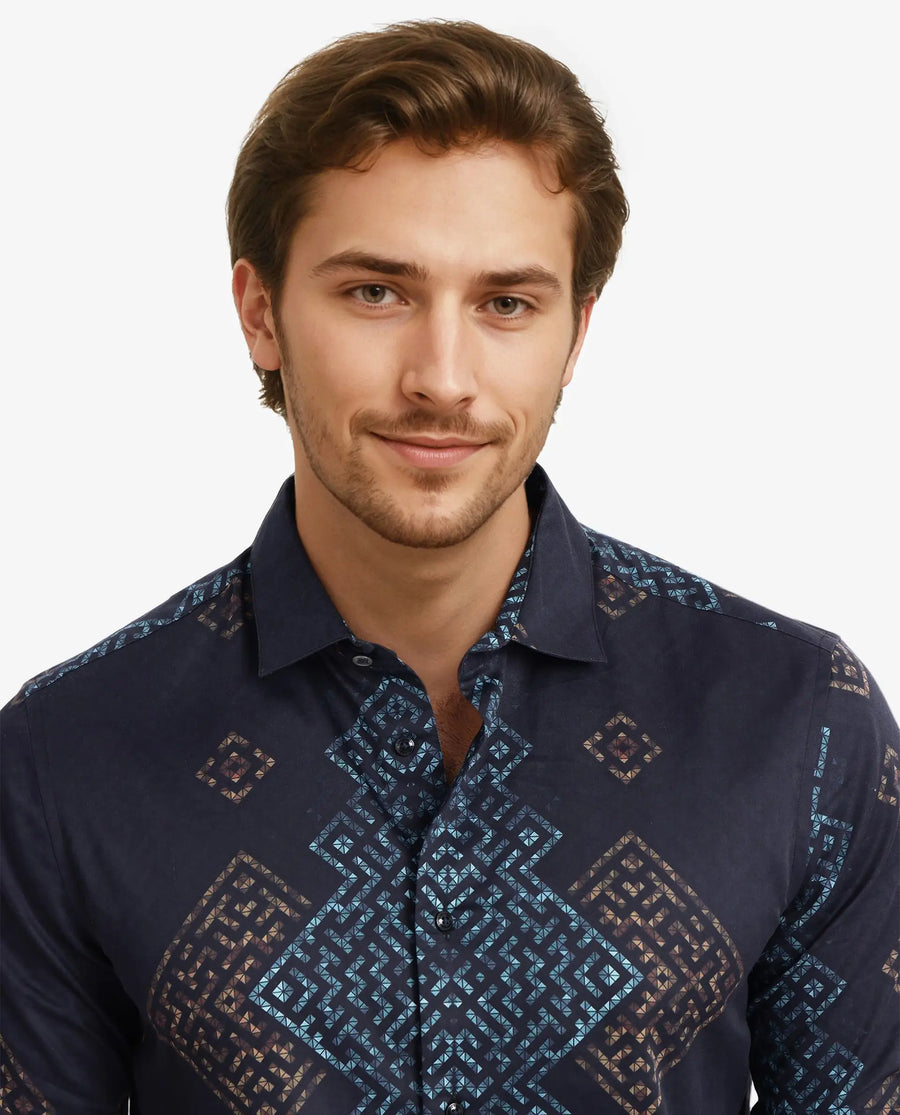 Rare Rabbit Men's Mosac-1 Black Cotton Geometric Print Regular Fit Full Sleeve Collared Shirt