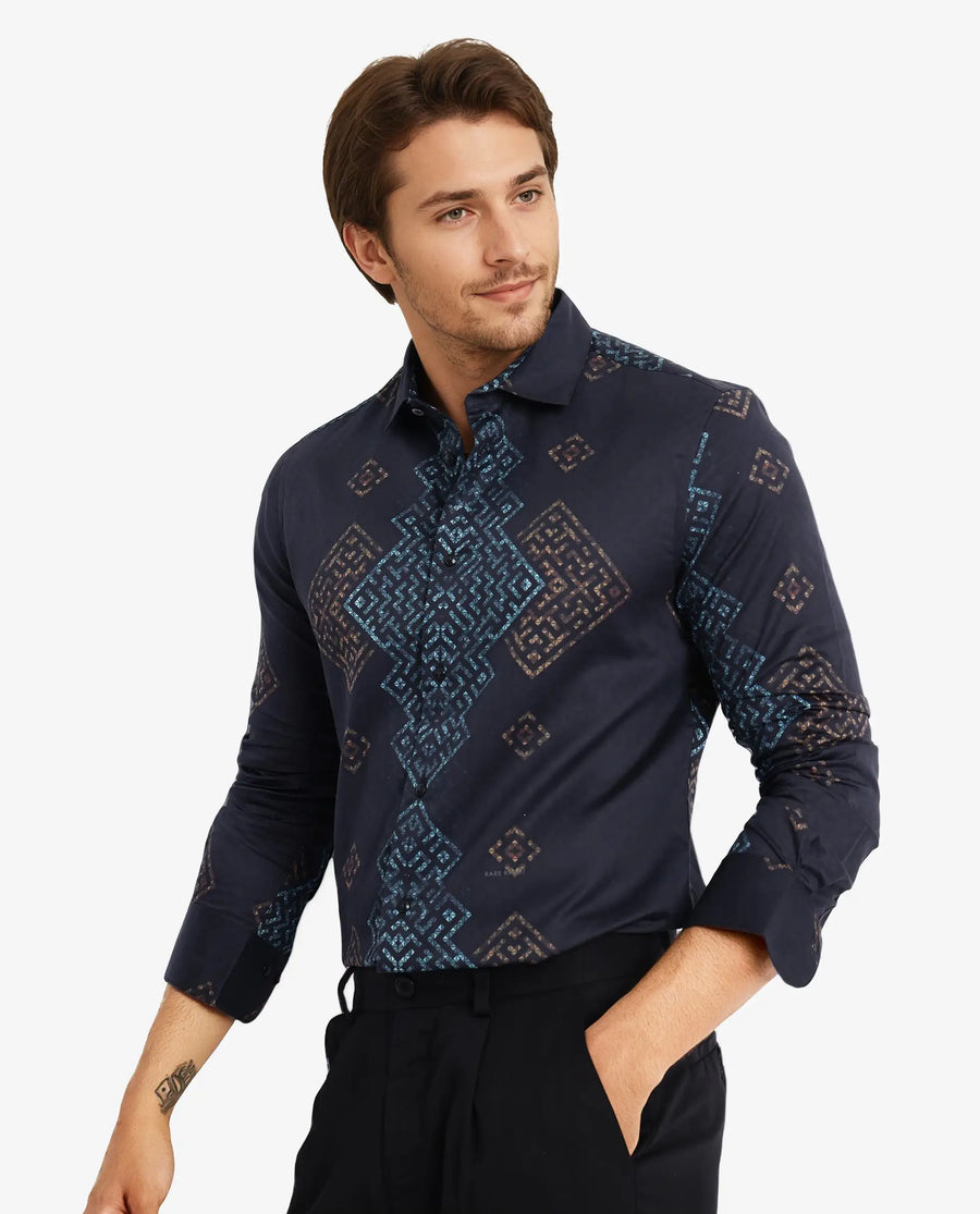 Rare Rabbit Men's Mosac-1 Black Cotton Geometric Print Regular Fit Full Sleeve Collared Shirt
